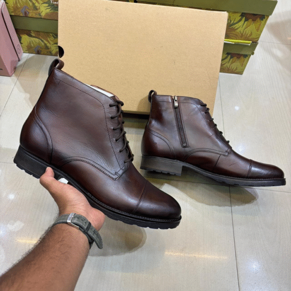 Premium Leather Lace-Up & Zipper Ankle Boots – Rich Brown | Stylish & Functional