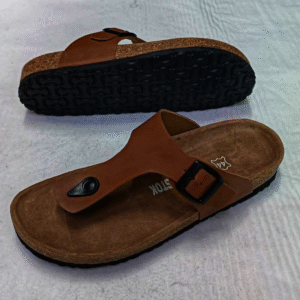 Comfort Thong Sandals – Tan | Cork Footbed & Adjustable Buckle